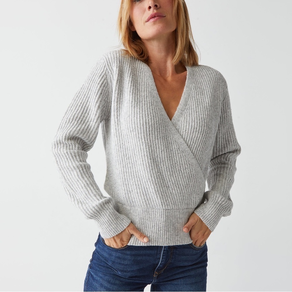 NWOT Michael Stars Gray Laurel Silver Sequin Wrap Sweater Petite
